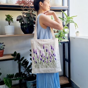 Embroidered Canvas Tote Bag, Lavender Farm Flower Hand Embroidery, Floral Canvas Tote Bag, Embroidery Bag Summer Wildflowers, Vintage Bag