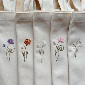 Hand Embroidered Birth Flower Tote Bag: Personalized Cotton Canvas Zippered Tote