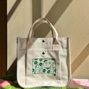 Embroidered Canvas Tote Bag | Kawaii flowers and Cloud Design Handbag