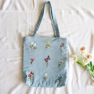 Light Blue Wildflower Embroidered Tote Bag | Handmade Floral Linen Bag | Aesthetic Gift for Her