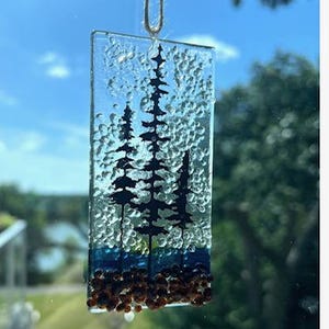 Fused Glass Sun Catcher: Evergreen Forest Window Decor
