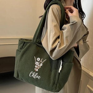 Embroidered Wildflower Corduroy Tote Bag: Personalized Shoulder Bag