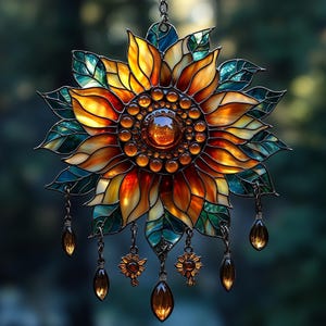 Sunflower Acrylic Suncatcher – Amber Center & Bee Charms Faux Stained Glass Window Hanging, Bright Kitchen Garden Decor