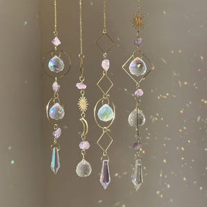 Amethyst Gemstone Crystal Suncatcher, Wind Chime, Rainbow Maker Boho Home Decor, Hanging Window Prism, Garden Charm Decor, Witchy Room Decor