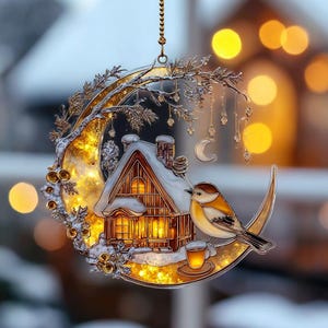 Winter Bird Moon Acrylic Suncatcher, Christmas Window Decor