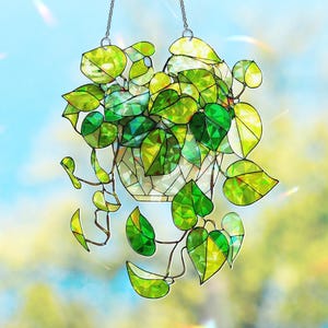 Green Plant Light Catcher, Glass Inspired Acrylic Window Suncatcher, Handmade Plant Themed Decor for Garden, Patio, Gift for Plant Lovers
